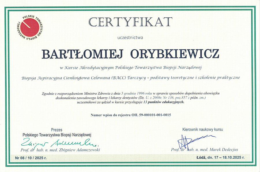 Certyfikat - Kurs Akredytacyjny Polskiego Towarzystwa Biopsji Narządowej