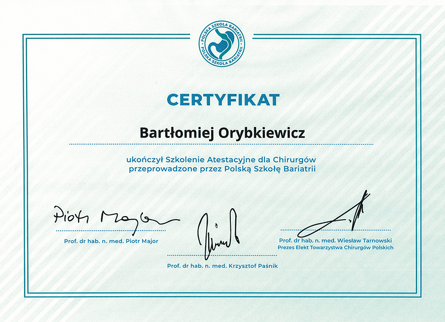 Certyfikat - Szkolenie atestacyjne dla chirurgów
