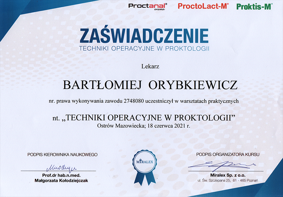 Zaświadczenie - Techniki operacyjne w proktologii
