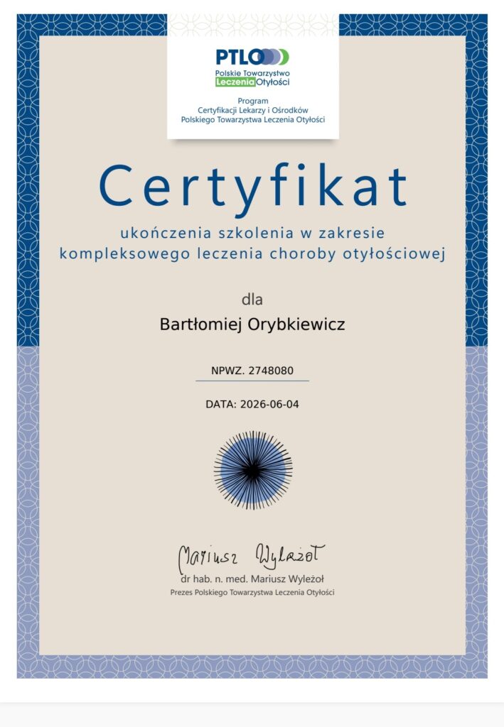 Certyfikat potwierdzający kompetencje w zakresie kompleksowego leczenia choroby otyłościowej