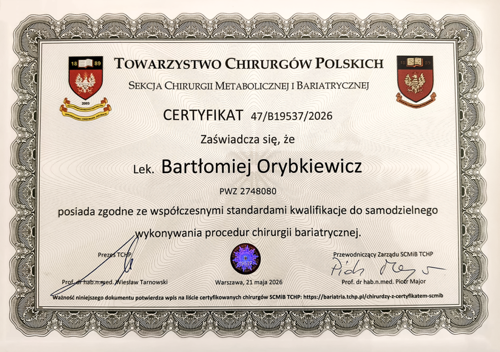 Certyfikat potwierdzający kwalifikacje do samodzielnego wykonywania procedur chirurgii bariatrycznej